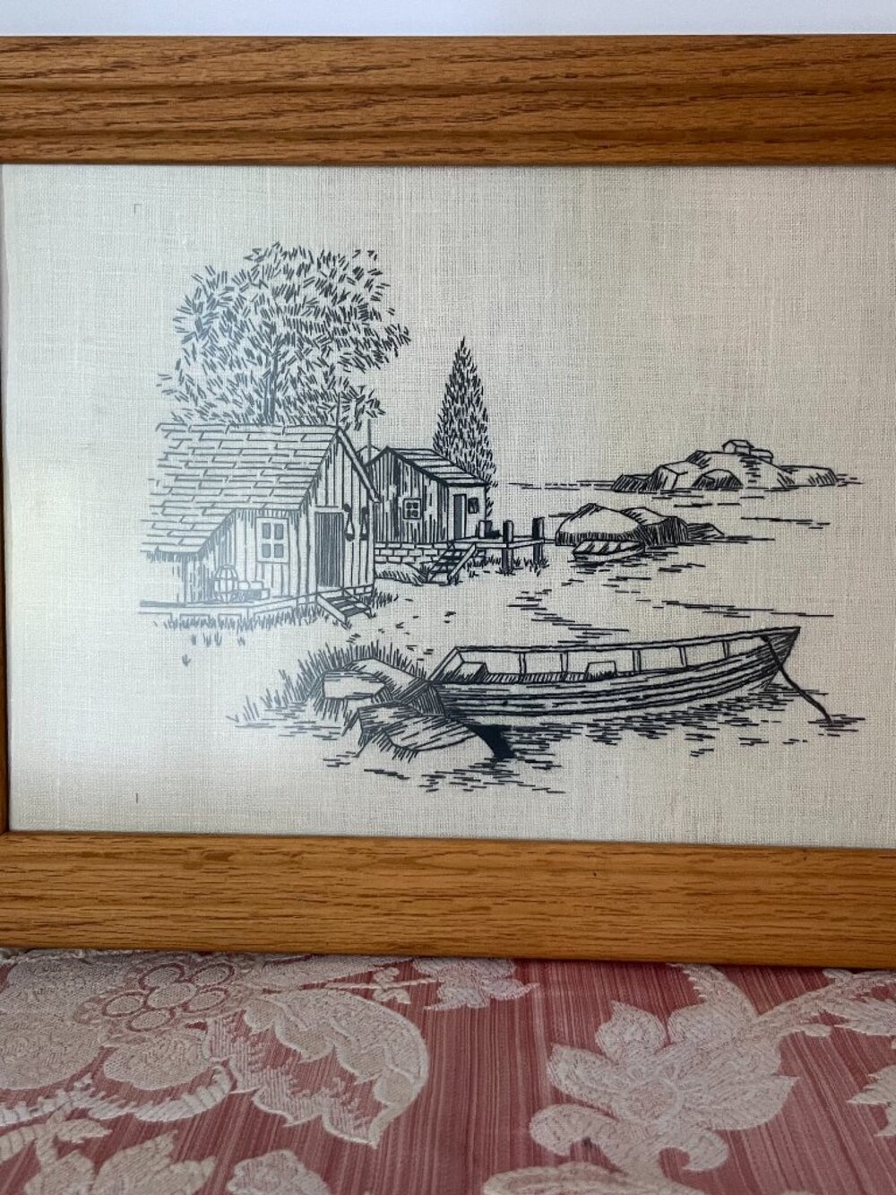 Vintage antique blackwork embroidery etching style cabin boat harbour reframed